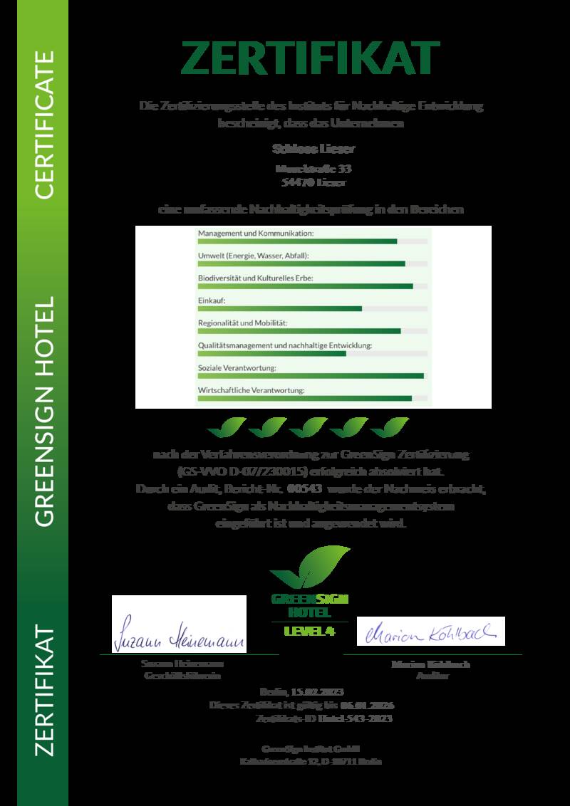 GreenSign Hotel Zertifikat Level4 SchlossLieser