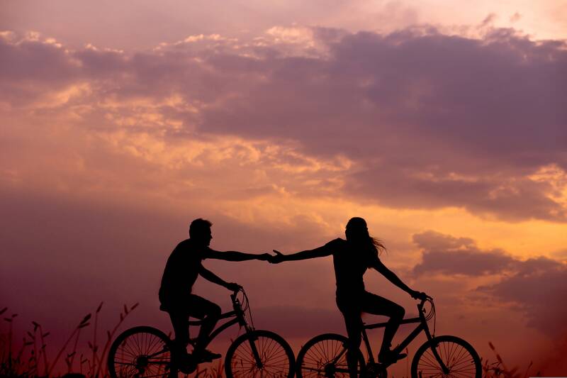 bicycles, couple, silhouettes, biking, bicycle ride, bicycle riding, sunset, dusk, twilight, backlighting, bikes, cyclists, pair, dawn, man, outdoors, people, recreation, sky, sunrise, woman, couple, couple, nature, couple, couple, couple
